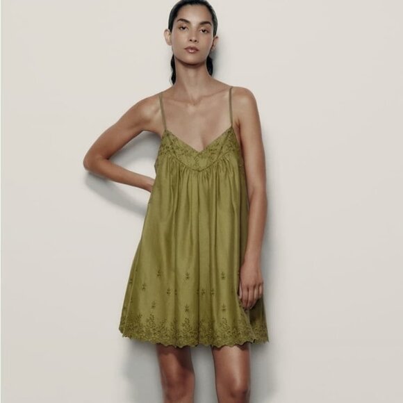 Zara Embroidered Chemise Dress Green Size XS - Picture 4 of 11